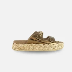 Mou Raffia Braid Sandal Leather Upper Untique Gold