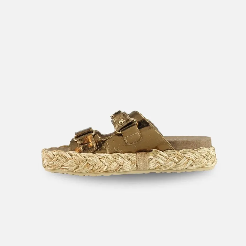 Mou Raffia Braid Sandal Leather Upper Untique Gold