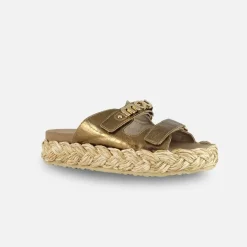 Mou Raffia Braid Sandal Leather Upper Untique Gold