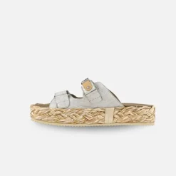 Mou Raffia Braid Sandal Leather Upper Crackled White