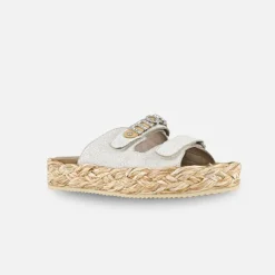 Mou Raffia Braid Sandal Leather Upper Crackled White